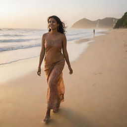 Modern Indian woman strolling on a sandy beach in Brazil, with the setting sun casting a warm glow on her