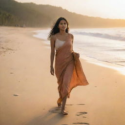 Modern Indian woman strolling on a sandy beach in Brazil, with the setting sun casting a warm glow on her