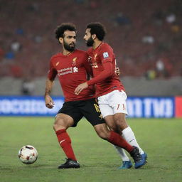 Football player Mohamed Salah engaged in a challenging match against a determined player from Mozambique, both players displaying high-intensity skill and sportsmanship.