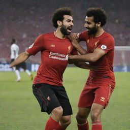 Football player Mohamed Salah engaged in a challenging match against a determined player from Mozambique, both players displaying high-intensity skill and sportsmanship.