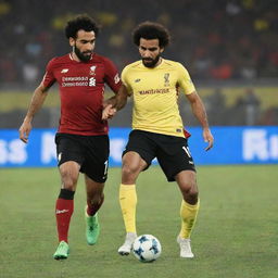 Football player Mohamed Salah engaged in a challenging match against a determined player from Mozambique, both players displaying high-intensity skill and sportsmanship.