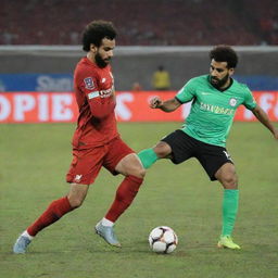 Football player Mohamed Salah engaged in a challenging match against a determined player from Mozambique, both players displaying high-intensity skill and sportsmanship.