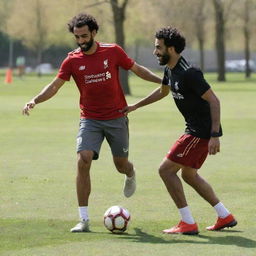 Mohamed Salah engaged in a playful game of football with a player from Mozambique in a sunlit spring park, giving the feeling of friendly competition.