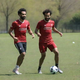 Mohamed Salah engaged in a playful game of football with a player from Mozambique in a sunlit spring park, giving the feeling of friendly competition.