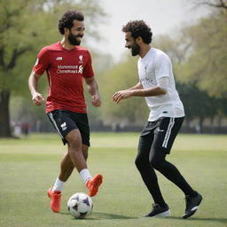 Mohamed Salah engaged in a playful game of football with a player from Mozambique in a sunlit spring park, giving the feeling of friendly competition.