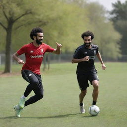 Mohamed Salah engaged in a playful game of football with a player from Mozambique in a sunlit spring park, giving the feeling of friendly competition.