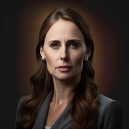 Create a realistic portrait of NZ Prime Minister Jacinda Ardern, showcasing her strong leadership and warm personality.