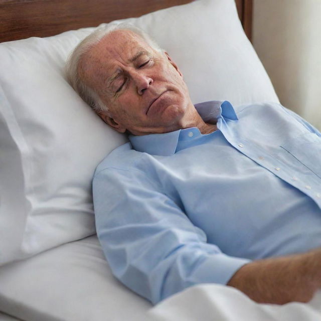 Create an image of a character resembling Joe Biden who is completely asleep. The character's calmness and tiredness should evoke a sense of peace.