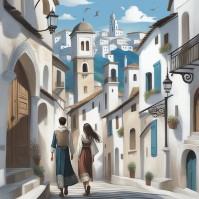 A digital art image of a fantasy book cover for teenagers featuring an old town on a hill with white buildings and narrow streets