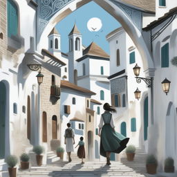 A digital art image of a fantasy book cover for teenagers featuring an old town on a hill with white buildings and narrow streets