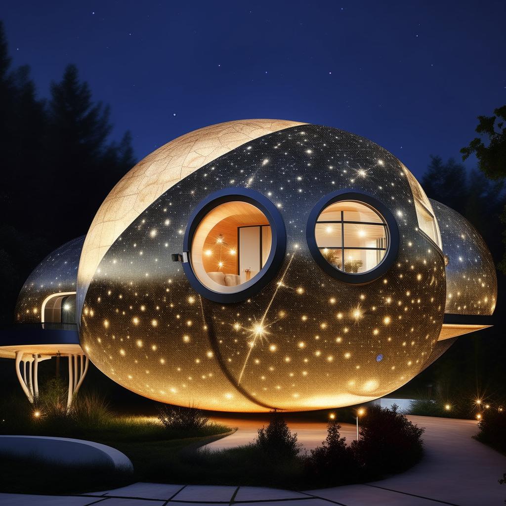 An unique house with a planet theme, exterior to resemble a round planet while the interior reflects a galaxy-inspired design with star-studded wallpapers, planet shaped furniture, and cosmic lighting effects.