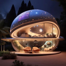 An unique house with a planet theme, exterior to resemble a round planet while the interior reflects a galaxy-inspired design with star-studded wallpapers, planet shaped furniture, and cosmic lighting effects.