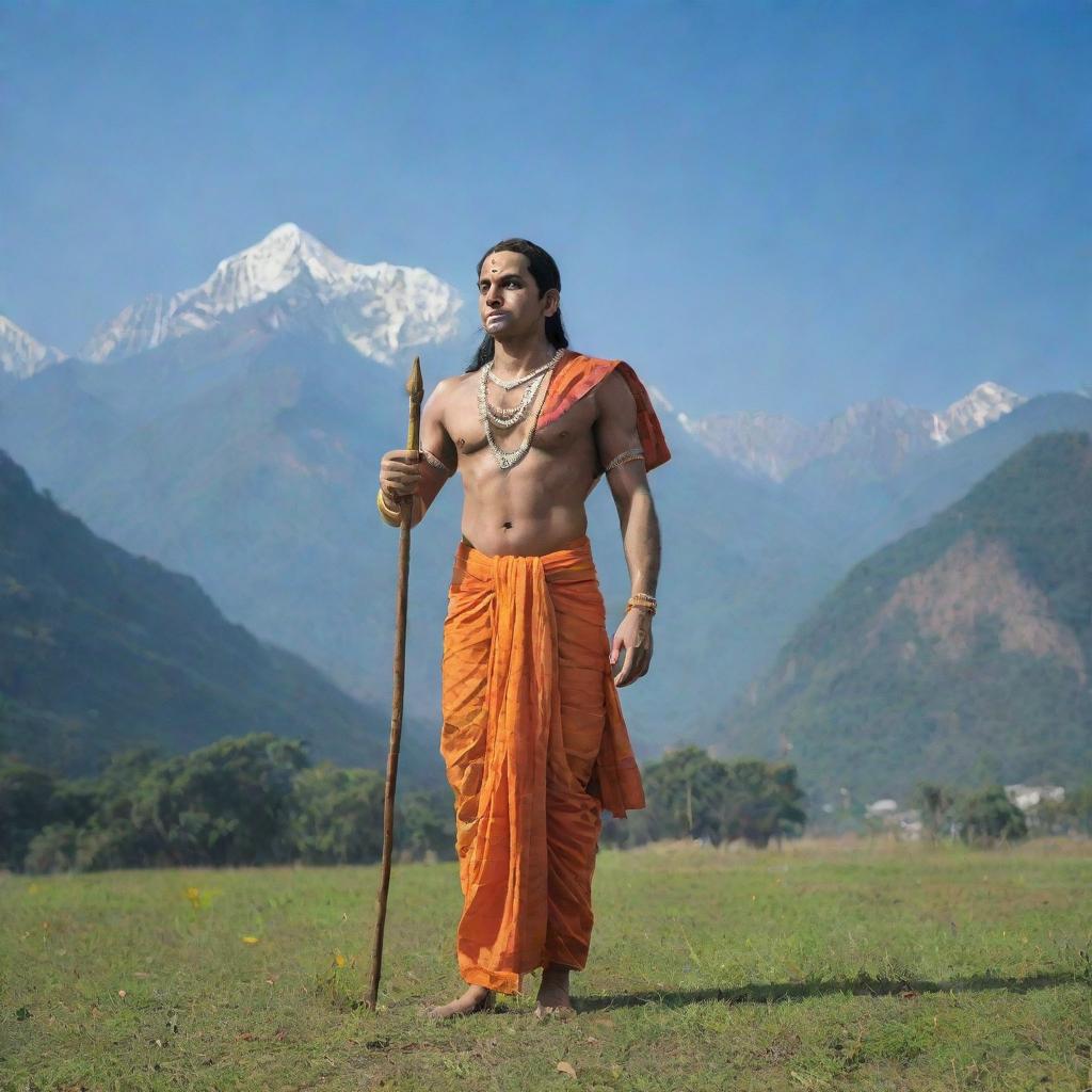 Lord Rama standing serenely in an open, grassy field with a majestic mountain range in the backdrop under a bright, clear sky.