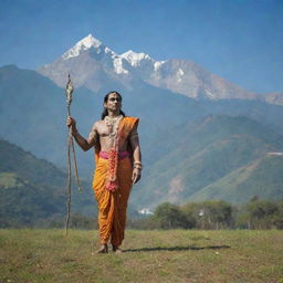 Lord Rama standing serenely in an open, grassy field with a majestic mountain range in the backdrop under a bright, clear sky.