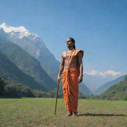 Lord Rama standing serenely in an open, grassy field with a majestic mountain range in the backdrop under a bright, clear sky.