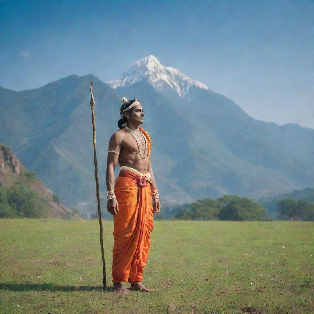 Lord Rama standing serenely in an open, grassy field with a majestic mountain range in the backdrop under a bright, clear sky.