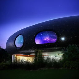 An unique house with a planet theme, exterior to resemble a round planet while the interior reflects a galaxy-inspired design with star-studded wallpapers, planet shaped furniture, and cosmic lighting effects.