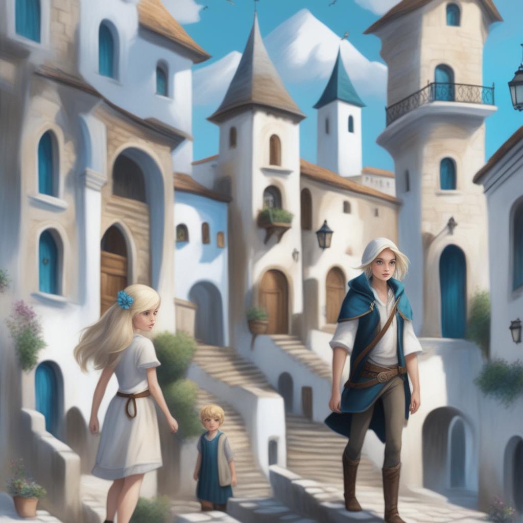 A digital art fantasy book cover for teenagers featuring an old town on a hill with white buildings, narrow streets, and shaded arches