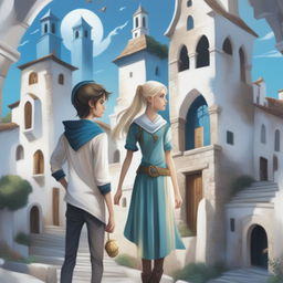 A digital art fantasy book cover for teenagers featuring an old town on a hill with white buildings, narrow streets, and shaded arches