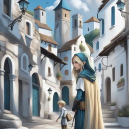 A digital art fantasy book cover for teenagers featuring an old town on a hill with white buildings, narrow streets, and shaded arches