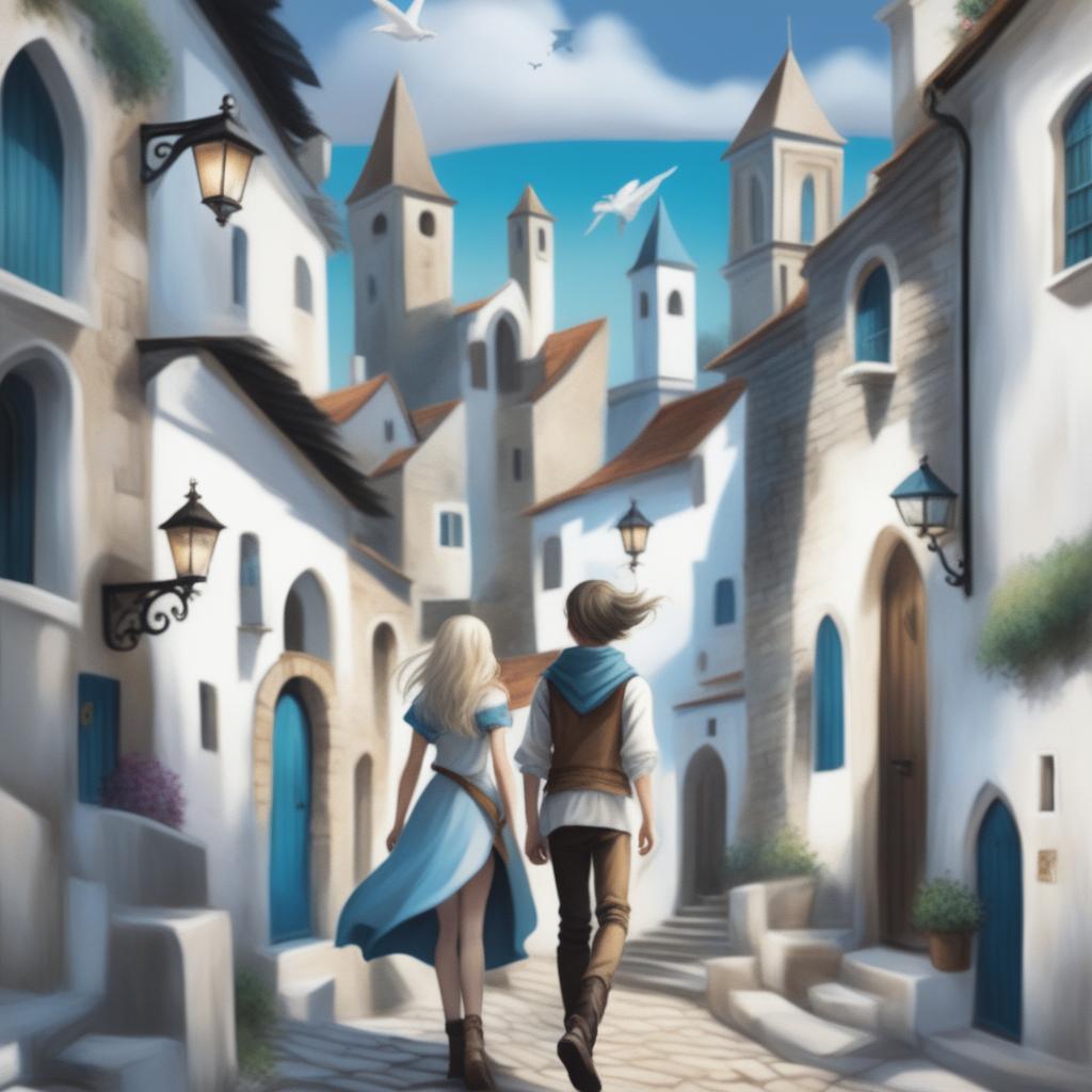 A digital art fantasy book cover for teenagers featuring an old town on a hill with white buildings, narrow streets, and shaded arches