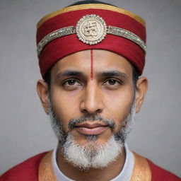 A peaceful Muslim individual wearing traditional attire with a culturally symbolic Tilak on their forehead, representing an intersection of faiths and cultures.