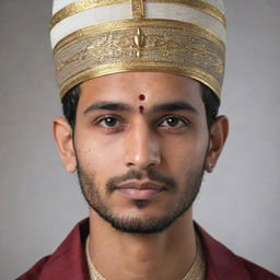 A peaceful Muslim individual wearing traditional attire with a culturally symbolic Tilak on their forehead, representing an intersection of faiths and cultures.