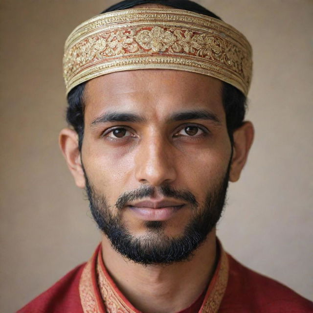 A peaceful Muslim individual wearing traditional attire with a culturally symbolic Tilak on their forehead, representing an intersection of faiths and cultures.