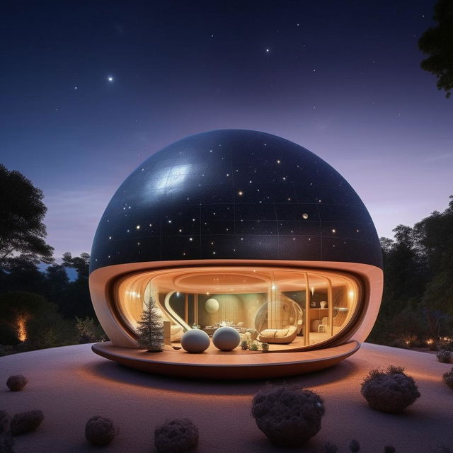 An unique house with a planet theme, exterior to resemble a round planet while the interior reflects a galaxy-inspired design with star-studded wallpapers, planet shaped furniture, and cosmic lighting effects.