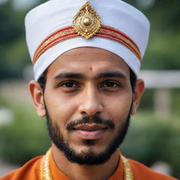 A peaceful Muslim individual wearing traditional attire with a culturally symbolic Tilak on their forehead, representing an intersection of faiths and cultures.