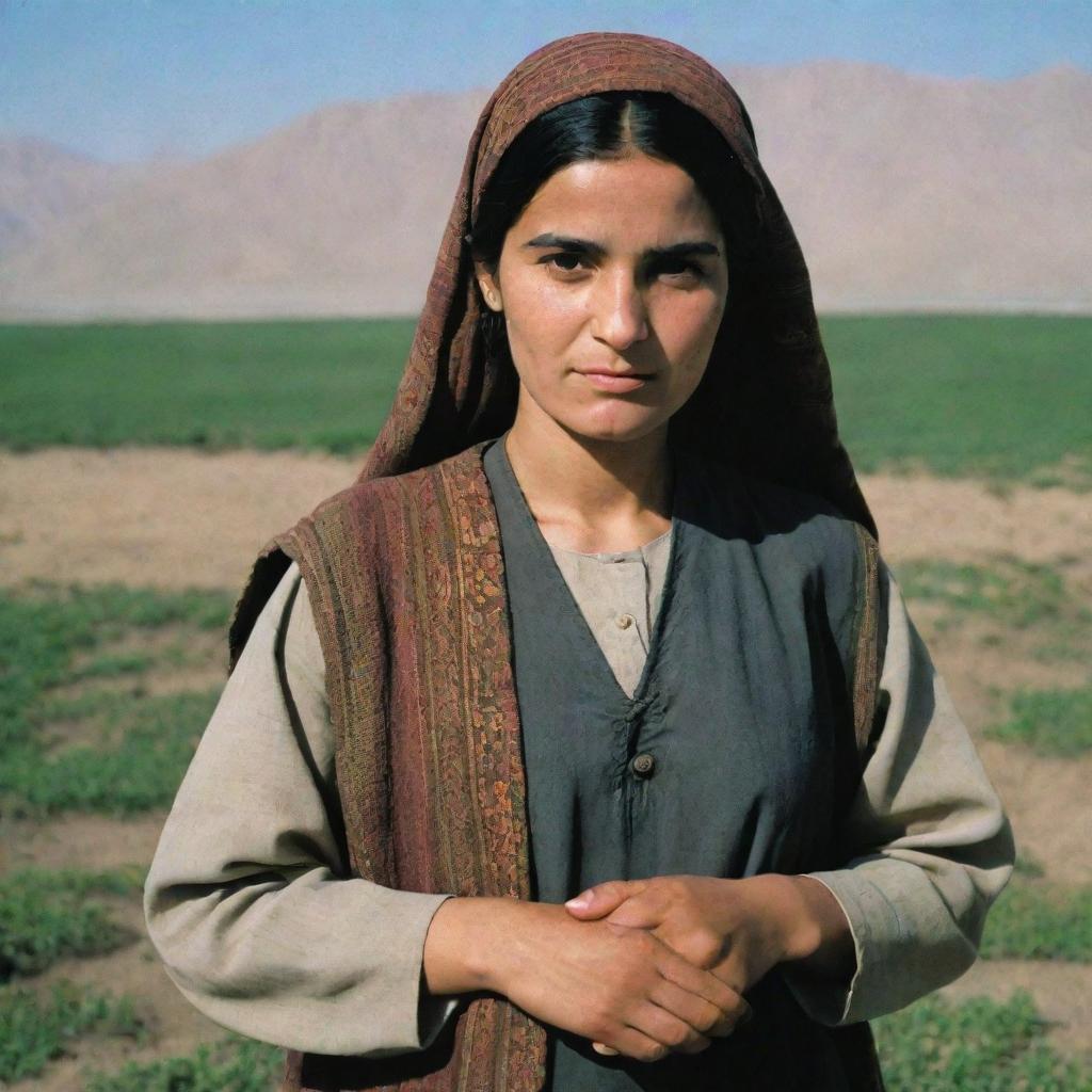 A traditional Afghan woman with round upper arms and thick unibrows, standing proudly on her lush farmland.