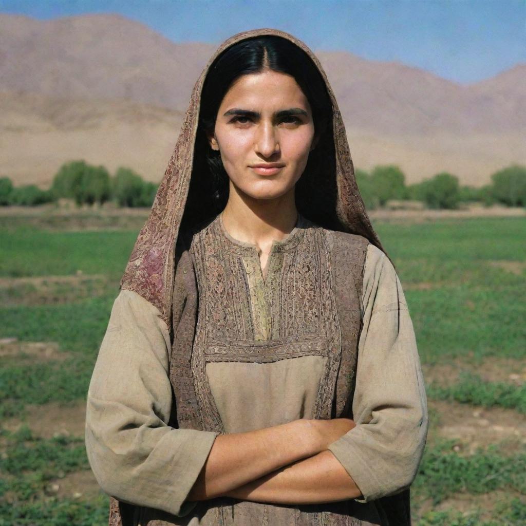 A traditional Afghan woman with round upper arms and thick unibrows, standing proudly on her lush farmland.