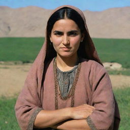 A traditional Afghan woman with round upper arms and thick unibrows, standing proudly on her lush farmland.