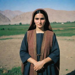 A traditional Afghan woman with round upper arms and thick unibrows, standing proudly on her lush farmland.