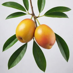 A ripe, juicy mango with a vibrant yellow-orange color, lush green leaves attached to its stem, laying on a white background.