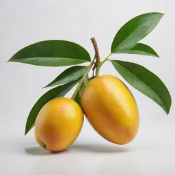 A ripe, juicy mango with a vibrant yellow-orange color, lush green leaves attached to its stem, laying on a white background.