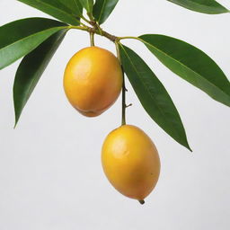 A ripe, juicy mango with a vibrant yellow-orange color, lush green leaves attached to its stem, laying on a white background.