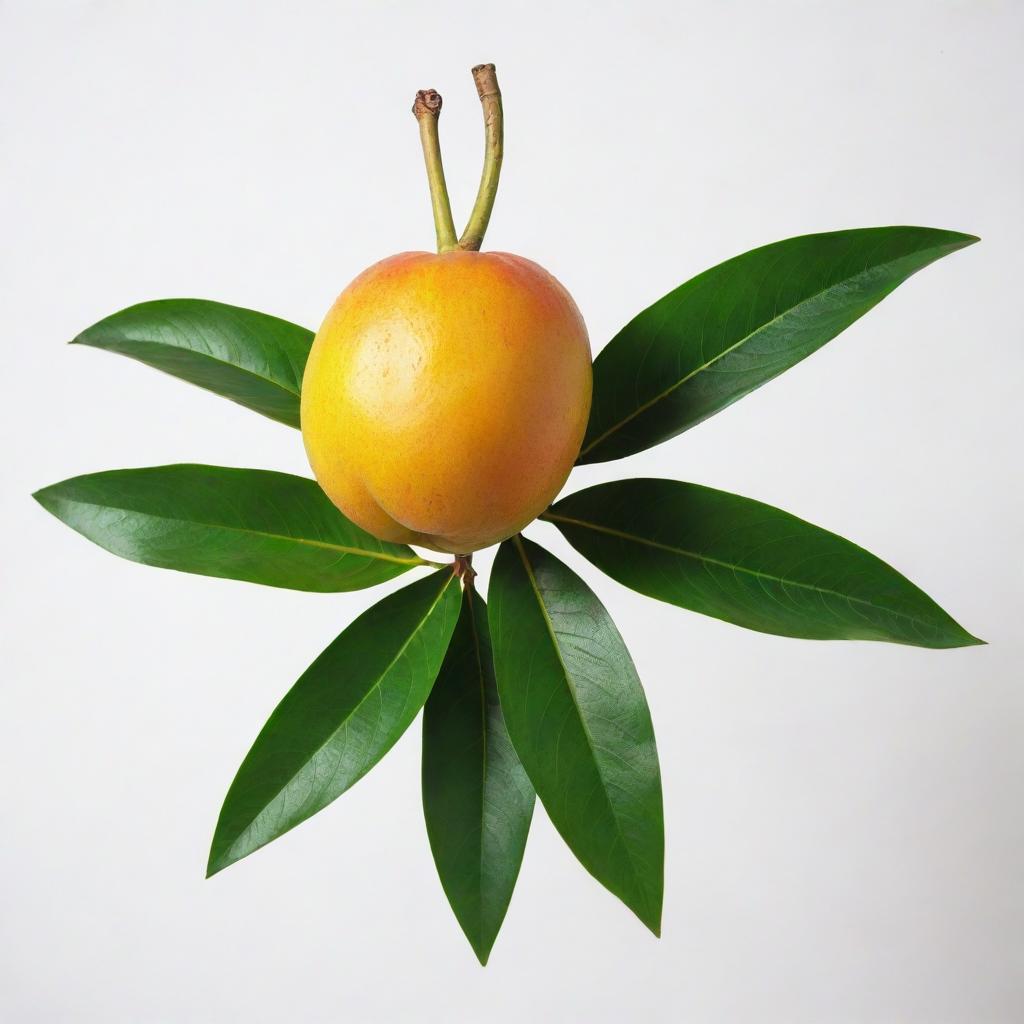 A ripe, juicy mango with a vibrant yellow-orange color, lush green leaves attached to its stem, laying on a white background.