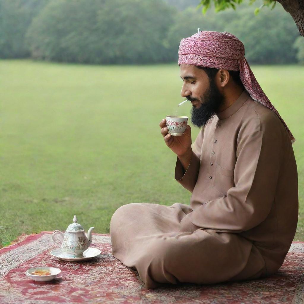 A reverent Muslim individual peacefully sipping traditional tea in a serene setting, showcasing a sense of tranquility and deep cultural roots.