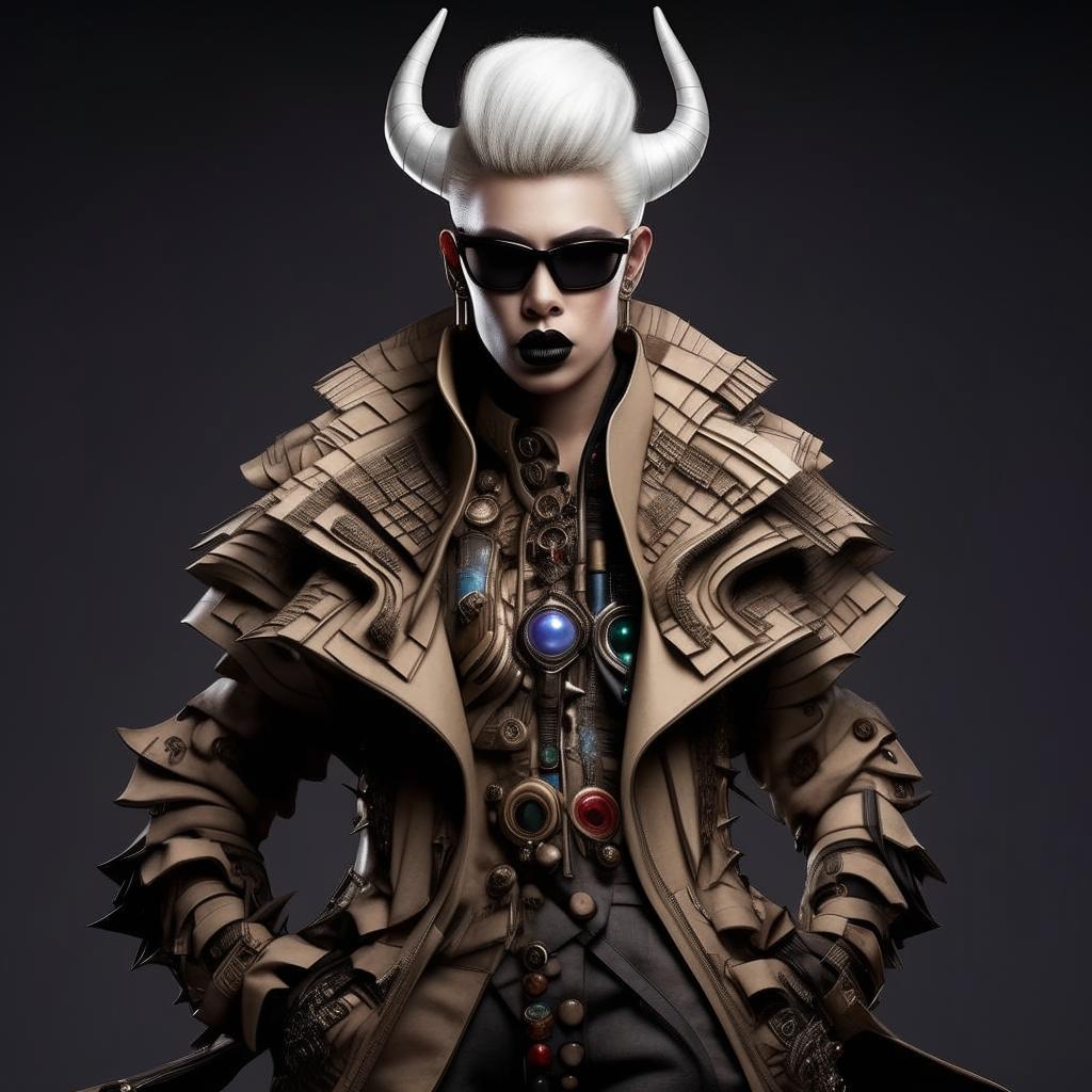 Craft an image of a high fashion, avant-garde designer envisioned as a final boss character, replete with stylish, cutting-edge attire and a formidable presence.