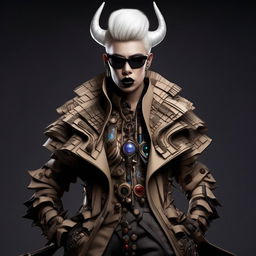 Craft an image of a high fashion, avant-garde designer envisioned as a final boss character, replete with stylish, cutting-edge attire and a formidable presence.