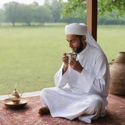 A reverent Muslim individual peacefully sipping traditional tea in a serene setting, showcasing a sense of tranquility and deep cultural roots.