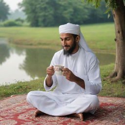 A reverent Muslim individual peacefully sipping traditional tea in a serene setting, showcasing a sense of tranquility and deep cultural roots.