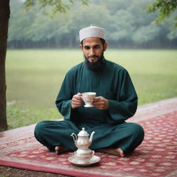 A reverent Muslim individual peacefully sipping traditional tea in a serene setting, showcasing a sense of tranquility and deep cultural roots.