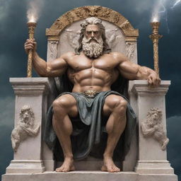 Greek God Zeus, magnificent and powerful, sitting on his throne in Mount Olympus with thunderbolts in his hand.