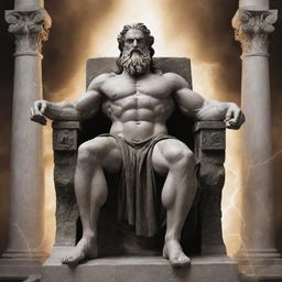 Greek God Zeus, magnificent and powerful, sitting on his throne in Mount Olympus with thunderbolts in his hand.