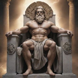 Greek God Zeus, magnificent and powerful, sitting on his throne in Mount Olympus with thunderbolts in his hand.