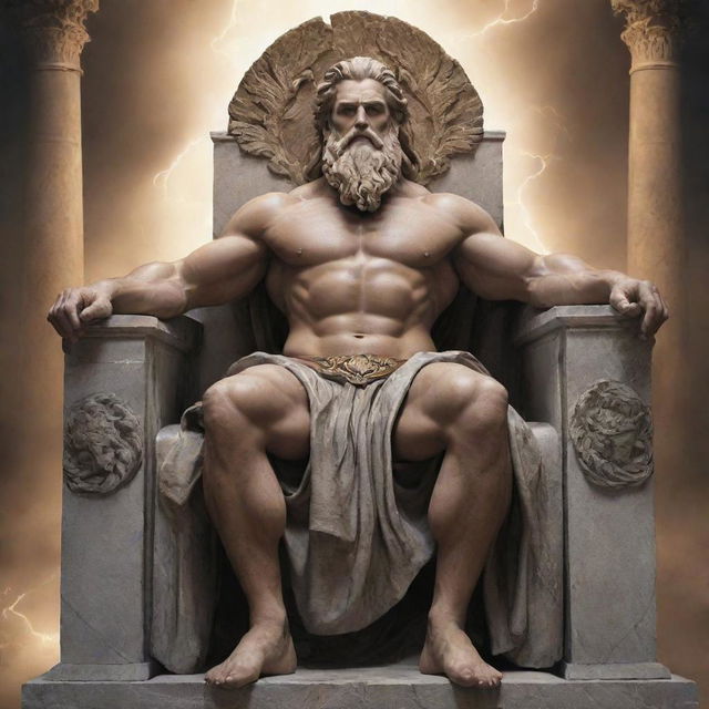 Greek God Zeus, magnificent and powerful, sitting on his throne in Mount Olympus with thunderbolts in his hand.