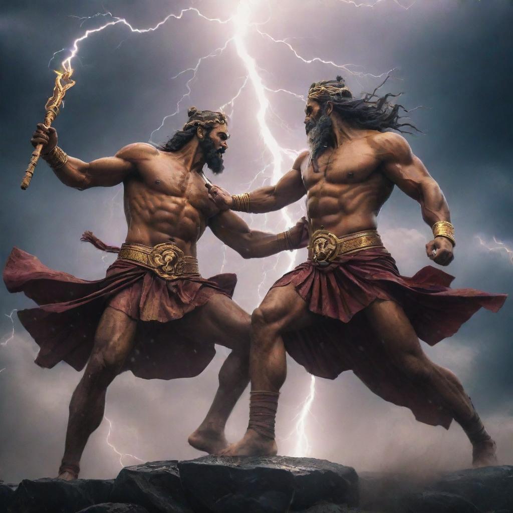 An epic battle scene depicting Greek God Zeus and Hindu God Indra locked in a fierce duel amidst lightning-filled skies.