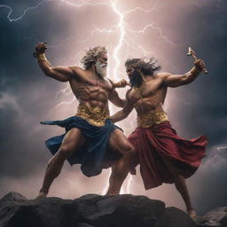 An epic battle scene depicting Greek God Zeus and Hindu God Indra locked in a fierce duel amidst lightning-filled skies.